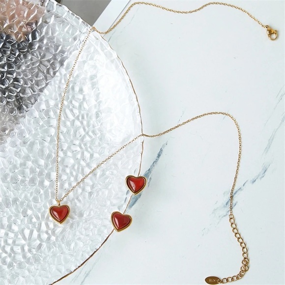 ◾️18k Gold Plated Red Agate Stone Heart Pendant Clavicle Necklace Chain - Picture 8 of 12